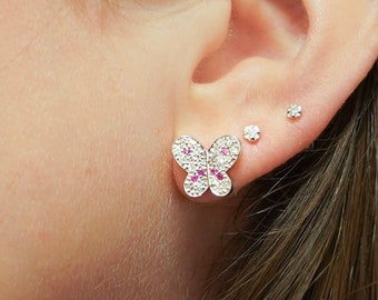 Natural Diamond and Pink Sapphire Butterfly Stud Earrings in 14K White Gold / Pink Sapphire White Gold Diamond Pave Butterfly Stud Earrings