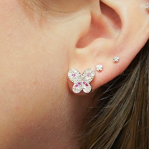 Natural Diamond and Pink Sapphire Butterfly Stud Earrings in 14K White Gold / Pink Sapphire White Gold Diamond Pave Butterfly Stud Earrings