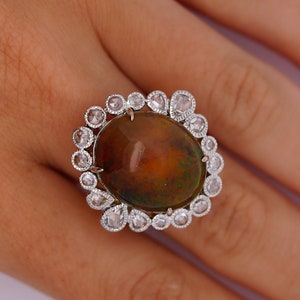 18K Gold Vintage 11.63 Carat Opal and 1.26 CTW Rose/Briolette cut Diamond Ring / Size 7 / Halo 2 Tone Setting