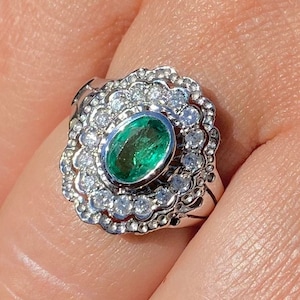 Art-Deco-Smaragdring, Vintage-Smaragdring, 14k Weißgold Floral Art-Deco-Smaragdring, natürlicher Smaragd im Ovalschliff