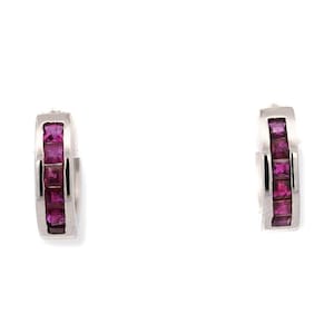 Natural 0.44 CTTW Ruby Huggie Hoop Earrings in 14K White Gold / Channel Set Square Cut Lever-Back Earring / Ruby Hoop Earring