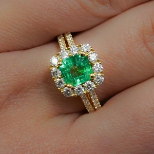 Natural 1.49 Carat Colombian Emerald & Diamond Halo Ring in 18K Yellow Gold, 2-Row Diamond and Square Emerald Ring, Emerald Engagement Ring