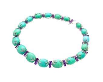 18K White Gold Turquoise and Amethyst Choker Necklace | 15 Inch Turquoise Bead Choker Necklace | Floral Motif Choker Necklace in 18k Gold