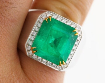 9.54 Carat Colombian Emerald And Diamond Halo Mens Ring / Insignificant Oil Colombian Emerald Mens Ring / Natural Emerald Men Ring