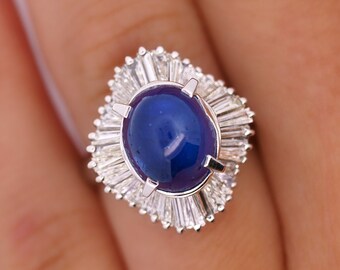 7 Carat Star Sapphire and Diamond Platinum Ballerina Ring / Cabochon Cut Blue Sapphire and Baguette Diamond Ring