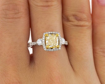 Anillo de compromiso de diamantes amarillos de talla radiante de 1,24 quilates con certificación GIA en oro blanco de 18 k, anillo de diamantes blancos y amarillos en 18 k