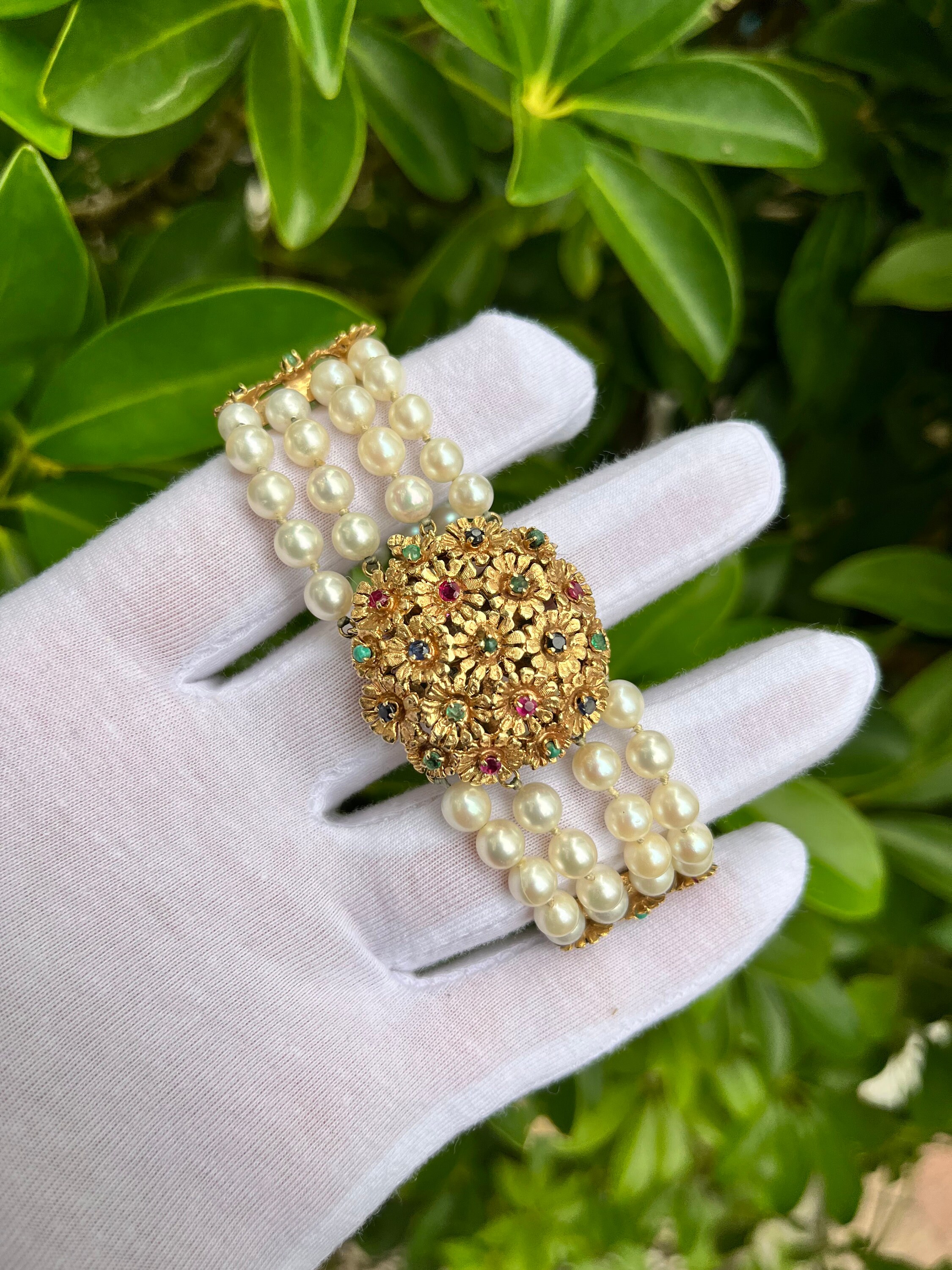 Vintage 4 String Pearl Bracelet, Vintage Pearl Bead Flower