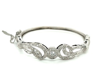 Vintage Retro Old European Cut Diamond Bangle with Filigree and Milgrain Finish in 14K White Gold, Vintage White Gold Diamond Bangle