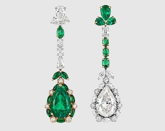 10 Karat Birnenform, die kolumbianischen Smaragd und Diamant-Tropfen-Ohrringe in 18K zweifarbigem Gold, natürlichen Smaragd und Diamant-Tropfen-Ohrringen widerspiegelt