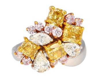 3 Carat Pink, Yellow, White Multi Cut Diamond Cluster Platinum and 18k Gold Ring