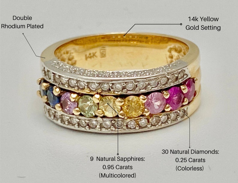 May include: A 14k yellow gold ring with a double rhodium plated band. The ring features a row of 9 multicolored sapphires and a row of 30 colorless diamonds. The ring is 0.95 carats total weight for the sapphires and 0.25 carats total weight for the diamonds.
