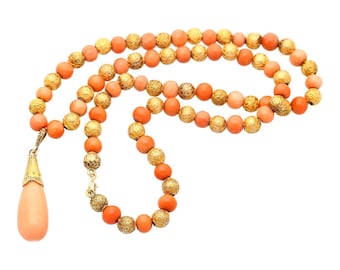 ヴィンテージコーラルビーズネックレス：ゴールドトーンフィリグリー