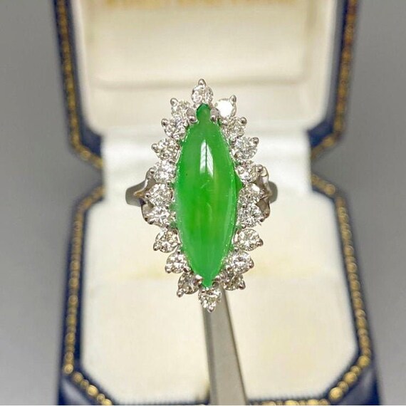 3 Carat Marquise Jade and Diamond Ring / Green Ja… - image 3