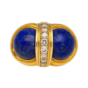 18K Yellow Gold Cabochon Cut Rich Deep Blue Lapis Lazuli and Round Cut Lab Grown Diamond in 18K Yellow Gold Vintage Retro Statement Ring