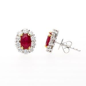 May include: A pair of stud earrings featuring oval-cut, deep red gemstones surrounded by a halo of smaller, clear gemstones. The earrings have a gold setting around the central stone and a silver backing with a post and butterfly clasp.