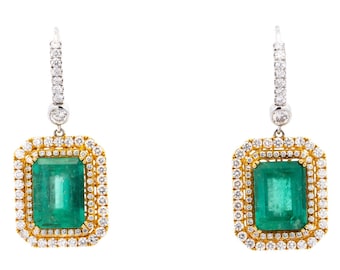 Natural Colombian 7.36 CTTW Emerald and Diamond Halo Dangle Drop Earrings / Emerald Cut Natural Emerald Drop Earrings | Insig. Oil Emerald