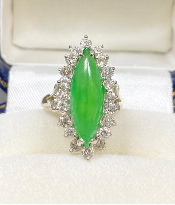 3 Carat Marquise Jade and Diamond Ring / Green Ja… - image 2