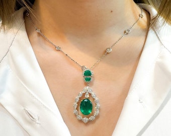 6.42 Carat Floating Emerald With Diamond & Emeralds in 18k Pendant Necklace