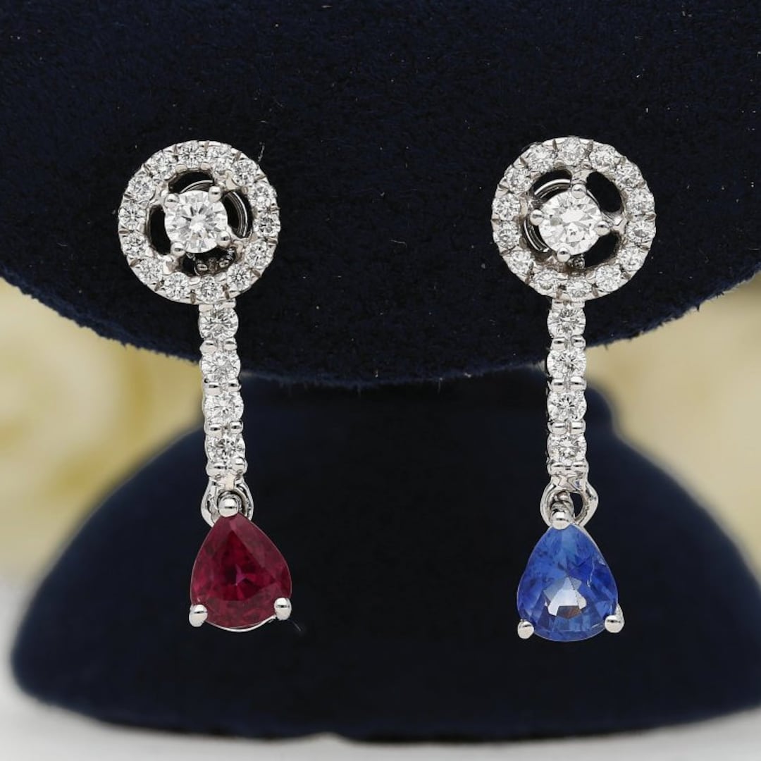 Ruby and Sapphire Earrings Stud Diamond Earrings Minimalist Etsy