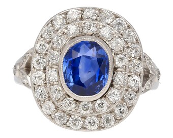GRS Certified 2.56 Carat No Heat Kashmir Blue Sapphire in Vintage Platinum Double Diamond Halo Ring | 2.5CT Oval Cut Untreated Blue Sapphire