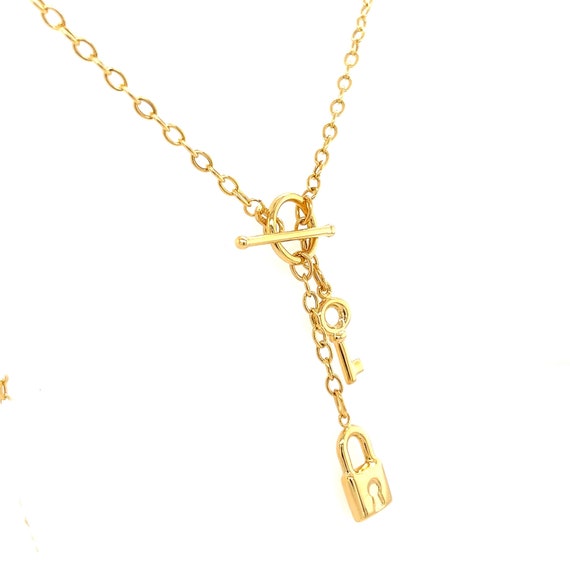 14K Yellow Gold Lock & Key Charm Necklace with Bar and Toggle Closure
