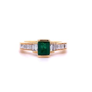 Art Deco kolumbianischer Smaragd-Goldring für Frauen, natürlicher Vintage-Smaragd und Diamantring, kolumbianischer Smaragdring im Smaragdschliff aus 18 Karat Gold