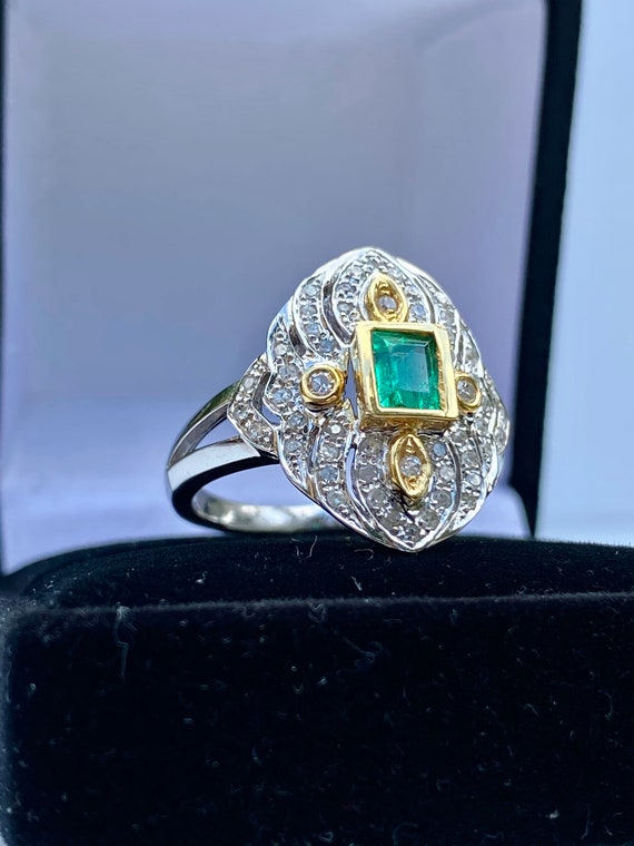 Art Deco Emerald / Diamond Statement Ring, Vintag… - image 4