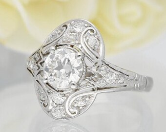 Antique Edwardian Diamond Ring, 0.83ct Old European-Cut Vintage Diamond Ring, Natural Diamond (Certified)