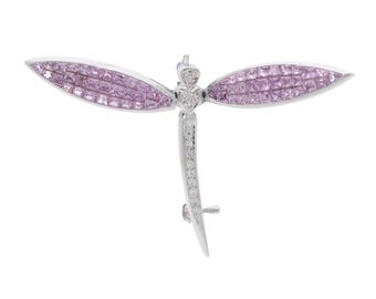 4.29 Carat Pink Sapphire & Diamond 18K White Gold Dragonfly Brooch Pin Pendant