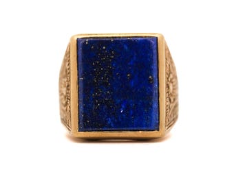 Natural Blue Square Lapis Lazuli 18K Yellow Gold Floral Engraved Shank Mens Signet Vintage Ring