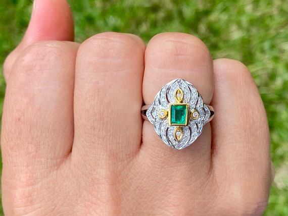 Art Deco Emerald / Diamond Statement Ring, Vintag… - image 1
