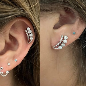 14K White Gold and Round Natural Diamond Ear Climber Earrings with Push Back Closure | Multi Ear placement Ear Climber Earrings