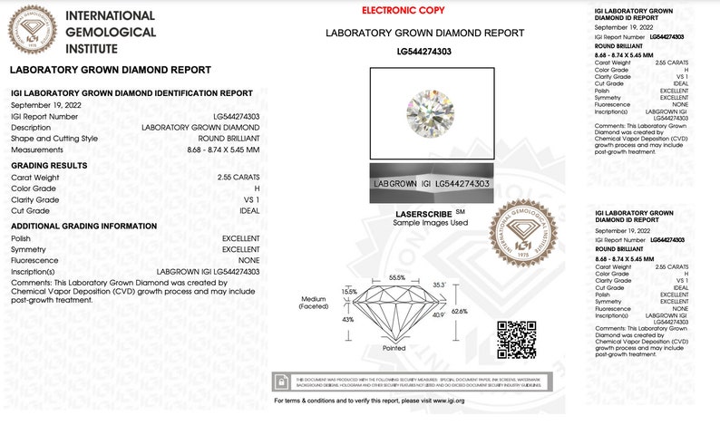 May include: A laboratory grown diamond report from the International Gemological Institute (IGI) for a 2.55 carat, round brilliant diamond. The diamond is graded as H in color, VS1 in clarity, and Ideal in cut. The report includes additional grading information, such as excellent polish and symmetry, and no fluorescence. The report also includes a diagram of the diamond and a QR code for verification.