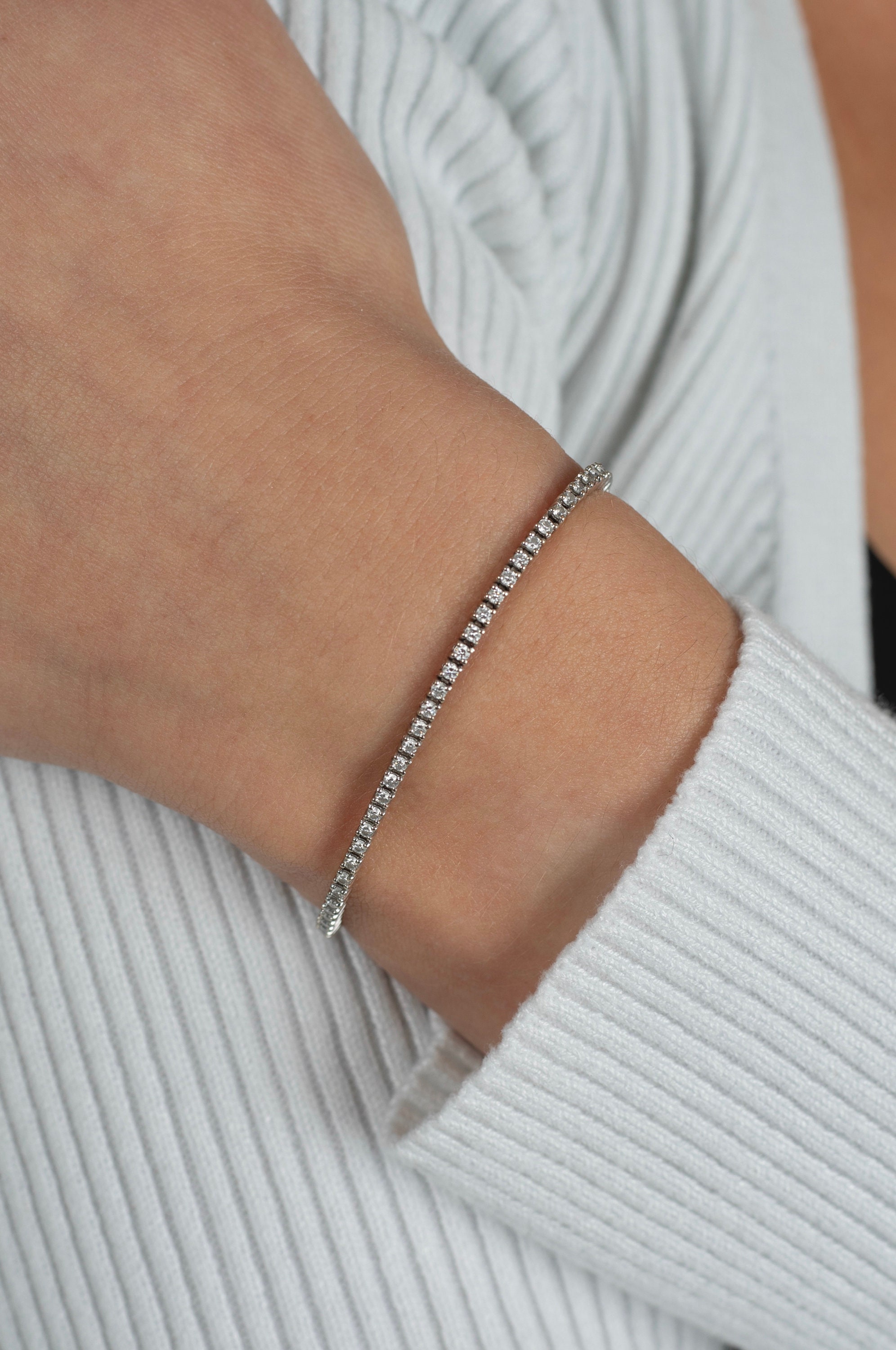 ダイヤモンド 14K ホワイトゴールド テニスブレスレット 幅3mm
