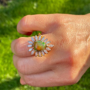 Natural Opal and Marquise Diamond Ring, Pear Shape Opal with Marquise Cut Diamonds, Natural Opal With Diamond Halo image 9