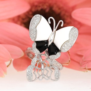 Gold Schmetterling Ring, Schwarzer Onyx, Weißer Achat Dimaond Schmetterling Ring Weißgold Schmetterling Ring, Tier Ring, Benutzerdefinierte Schmetterling Ring