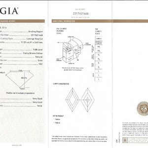 May include: GIA report for a 1.08 carat Fancy Brown-Yellow diamond, graded VS2 clarity with Very Good polish and symmetry. The report includes a diagram of the diamond's clarity characteristics and a scale showing the diamond's colour grade.