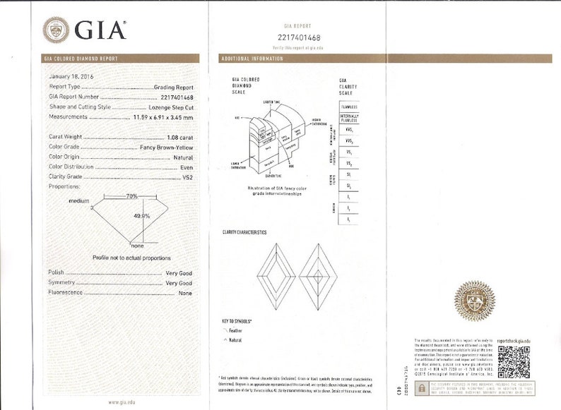 May include: GIA report for a 1.08 carat Fancy Brown-Yellow diamond, graded VS2 clarity with Very Good polish and symmetry. The report includes a diagram of the diamond's clarity characteristics and a scale showing the diamond's colour grade.