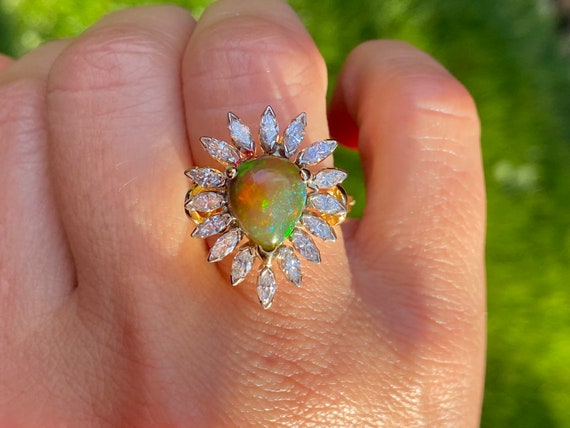 Natural Opal and Marquise Diamond Ring, Pear Shap… - image 6