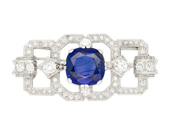 8.64 Carat Agl Certified Ceylon Cushion Cut Blue Sapphire and Diamond Brooch Pin