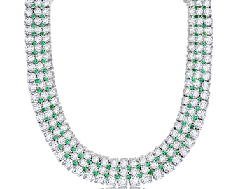 27 Carat Emerald and Diamond choker in 18k White Gold, Round Cut Diamond/Emerald Pave Flexible Choker, Flexible Diamond White Gold Choker