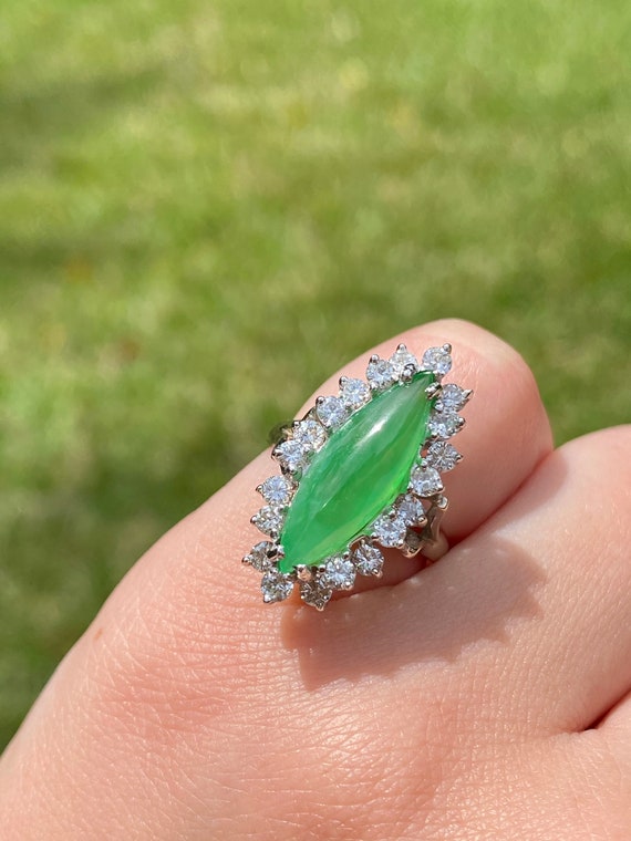 3 Carat Marquise Jade and Diamond Ring / Green Ja… - image 1