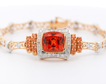 Vintage 9.50 Carat GIA Certified Spessartine Garnet and Diamond in 18K Two Tone Gold Retro Bracelet / Vintage Retro Carved Garnet Bracelet