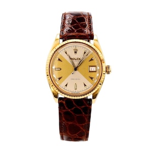 Rolex 34mm Oysterdate Precision 6294 Two Tone Honeycomb Bowtie Dial Gold Watch On Brown Leather Circa 1950