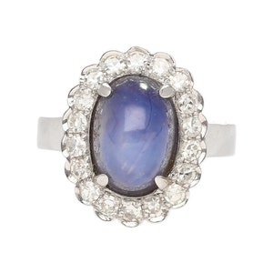 9.07 Carat Blue Star Sapphire & Diamond Halo Ring in 18k White Gold / Natural Strong Blue Star Sapphire Ring