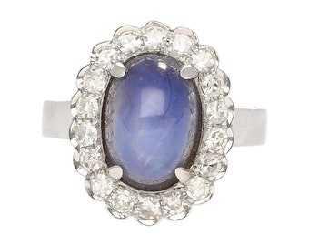 9.07 Carat Blue Star Sapphire & Diamond Halo Ring in 18k White Gold / Natural Strong Blue Star Sapphire Ring