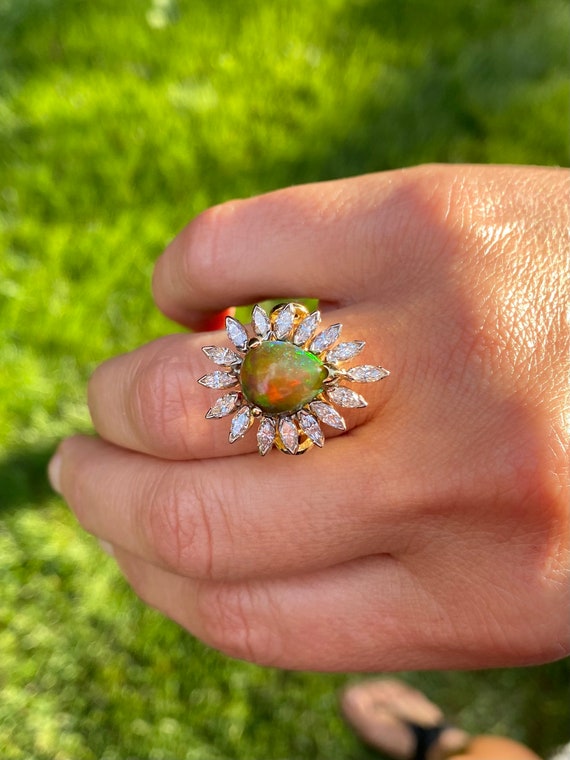 Natural Opal and Marquise Diamond Ring, Pear Shap… - image 8