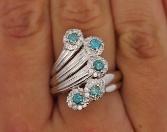 0.62 Carat Round Blue and White Diamond 5-Row Curved Platinum Ring