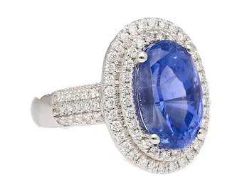 GRS zertifizierter natürlicher 6.34 Karat Ohne Hitze Oval geschnittener Blauer Saphir und Diamant Ring / Keine Hitze Sri Lanka Blauer Saphir Doppel Diamant Halo Ring