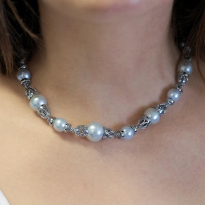 18K White Gold South Sea Pearls and Diamond Necklace / Vintage 7.10ct Pearl & Diamond Necklace / Necklace with Pearls and Diamond